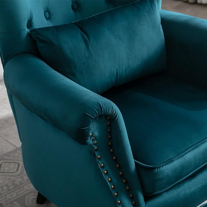 chairus Mid-Century Modern Accent Chair with Ottoman Comfy Velvet Single Sofa Chair Button Tufted Wingback Armchair with Pillow for Living Room/Bedroom/Club - Teal