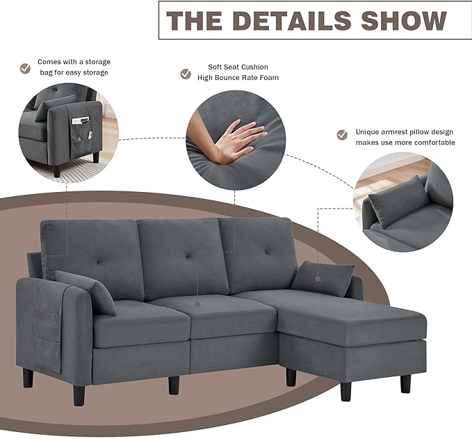 Small Sectional Sofa 3 Seat L-Shaped Couch Convertible Sectional Sofa with Reversible Chaise Modern Linen Fabric Sofa Couches for Living RoomSmall Apartment Dark Grey