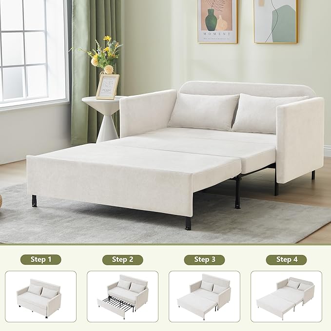 QHITTY Pull Out Couch Bed 2-in-1 Sleeper Sofa Small Loveseat Bed with Hidden Side Table and Iron Frame for Living Room Small Space Apartment (White)