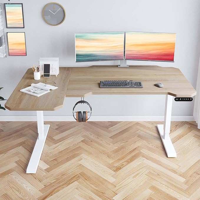 59 L-Shaped Electric Standing Desk Adjustable Height Seated Stand up Computer Desks for Work Office Home Ergonomic Lift-up Gaming Tables with Wheels &amp USB Charging Port (Oak/59/LL)