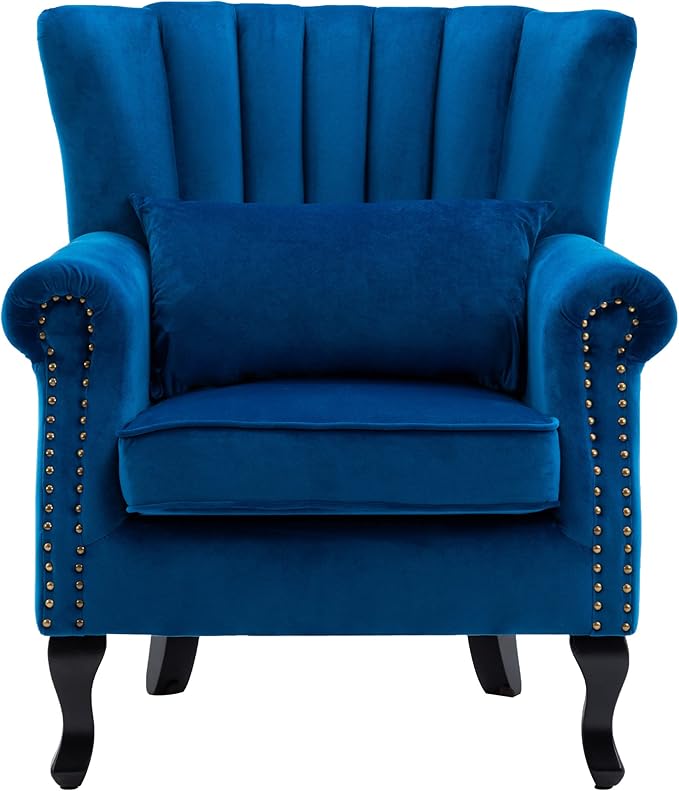 Accent Chairs Set of 2 with Arm Comfy Living Room Chair Mid-Century Modern Wingback Side Chair Velvet Single Sofa Couch for Bedroom Guest Room Blue