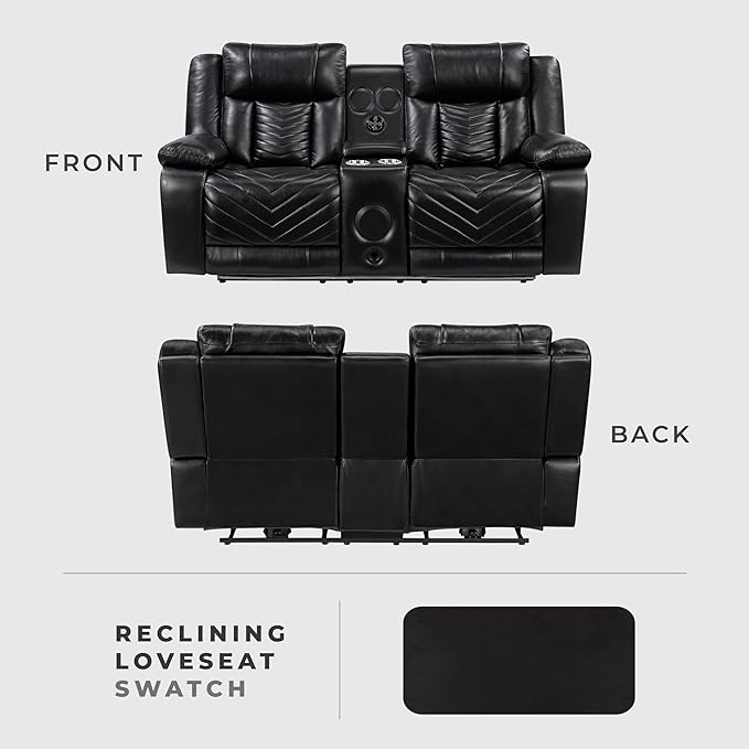 Lexicon Wall Hugger Power Double Reclining Loveseat with Console Faux Leather Home Theater Seating with LED Lighting Charging Ports Bluetooth Speaker Wireless Cup Holders Hidden Storage Black