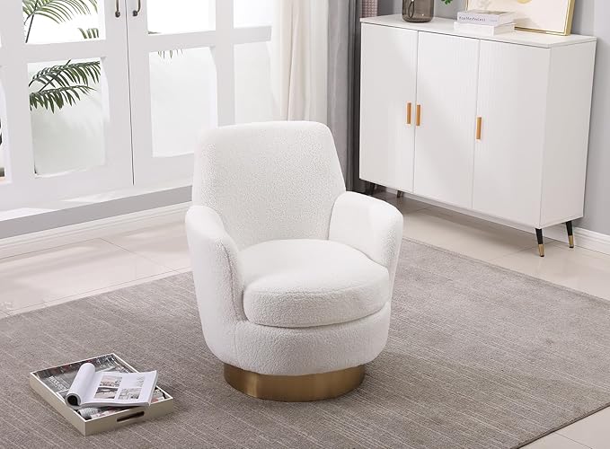 Teddy Swivel Accent Chair Set of 2 Upholstered Barrel Chair with Gold Base Comfy Sherpa Round Boucle Chair 365-degree Swivel Armchair for Living Room Bedroom Lounge Office Nursery White