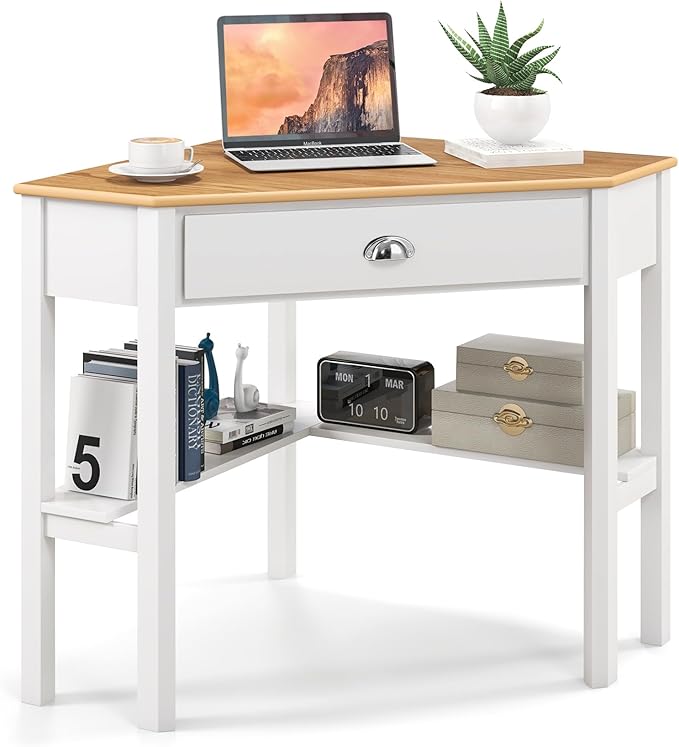 POWERSTONE Corner Desk with Drawer &amp Storage Shelves Small Triangle Writing Table Computer Desk Corner Vanity for Home Office Small Space Natural