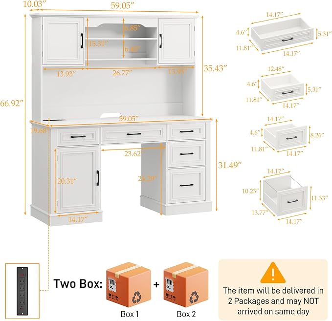 67H Farmhouse Executive Desk with Hutch.Wood Workstation with 5 Drawers Storage Cabinet File Drawers and Charging Station Ideal as Office Desks Computer Desk for Home Office and Study.Cream White