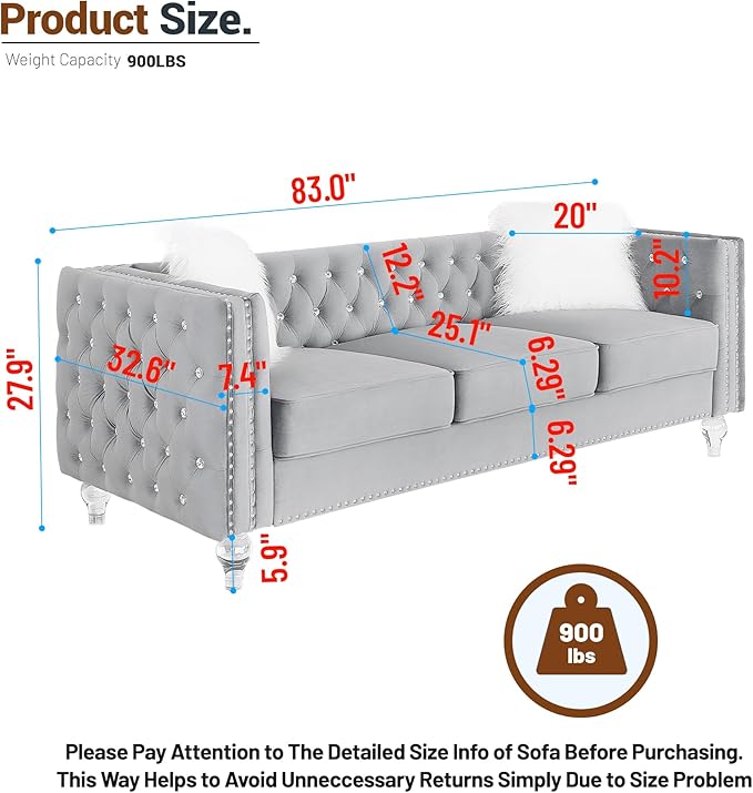 Luxury 3 Seater Sofa Couch with Acrylic Crystal LegsChesterfield 3-Seater SofasModern 83 Diamond Button Tufted 3 Seat Couches with Silver Nailhead Trim for Living Room (Gray 3 Seater)