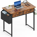 Sweetcrispy Computer Desk Small 32 Inch Home Office Bedroom Writing Study PC Table with Fabric Storage Drawers Space Side Bag Headphone Hook Adjustable Feet Modern Simple Style Rustic Brown