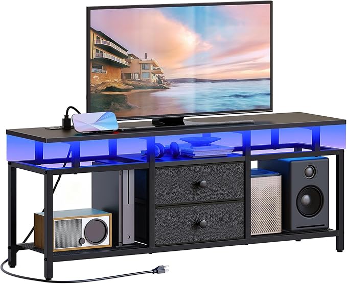 TV Stand with LED Light and Power Outlets Entertainment Center with Fabric Drawers and Open Shelves 41.7 TV Cabinet for TVs up to 45 Inch Media Console for Living Room Bedroom DS03UDBB