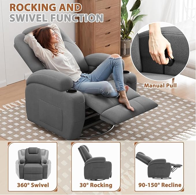 Flamaker Swivel Rocker Recliner Chair with Vibration Massage 360° Swivel Recliner Chairs for Adults Ergonomic Lounge Chair with Cup Holders Lazy Boy Recliner Single Sofa Seat (Fabric Gray)