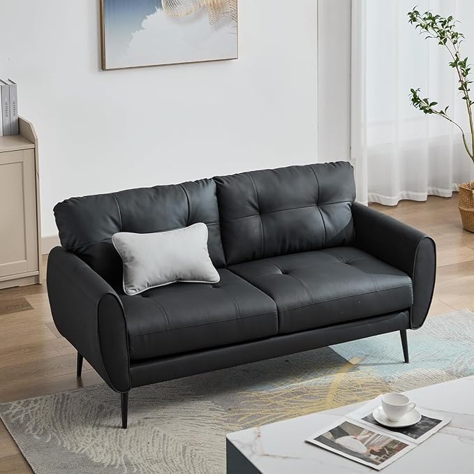 TYBOATLE Sofa Couch 61 Small Loveseat Couches for Living Room Black Faux Leather Couch Mid Century Modern Tufted Mini Sofa Comfy Office 2 Seat Settee Love Seat Couches for Small Spaces Bedroom