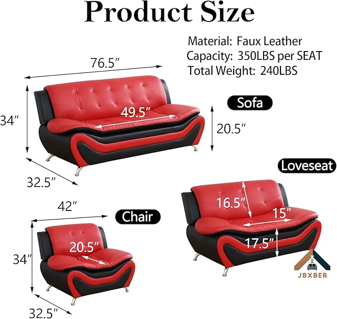 Living Room Furniture Set for Living Room Faux Leather Couch Sets Modern Couch for Apartment Home Office(LoveseatRed&ampBlack)