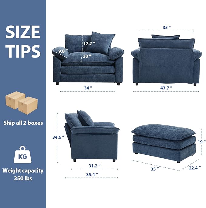 Modern Oversized Chair Set of 2 Comfy Chenille Accent Chair Large Upholstered Armchair with Extra Thick and Deep Seat Lounge Chair for Living RoomBedroomApartment (Blue)