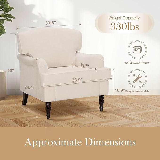 Sophia &amp William Living Room Chair Set of 2 Upholstered Accent Chair with Wood Legs Comfy Linen Fabric Armchair Off-White