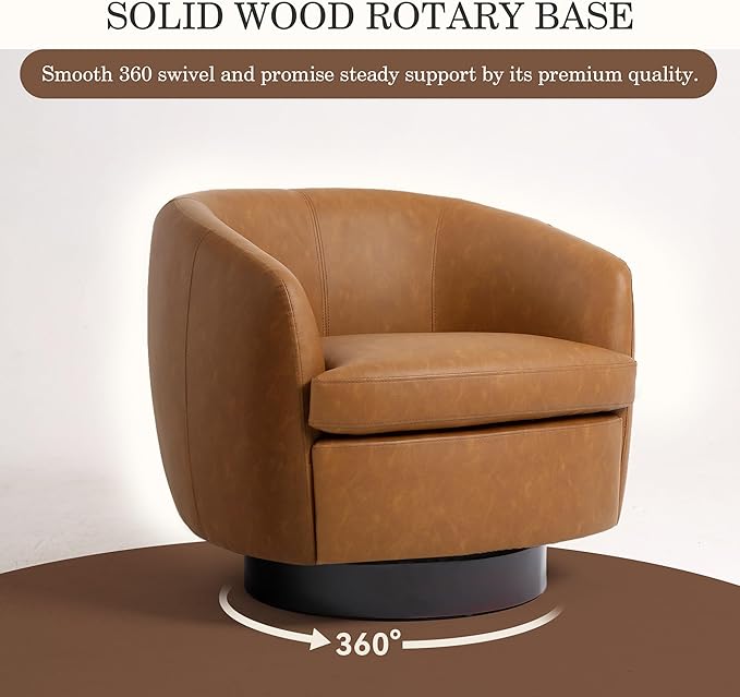 Faux Leather Swivel Barrel Chair Modern Round Swivel Accent Chair with 360° Rotation Upholstered Armchair Club Chair for Living Room Bedroom Office (Light Brown)