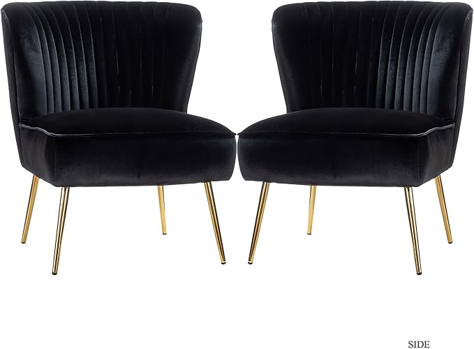 HULALA Home Velvet Accent Chair Set of 2 Modern Armless Upholstered Side Chair with Glam Gold Metal Legs for Vanity Living Room Bedroom - Black