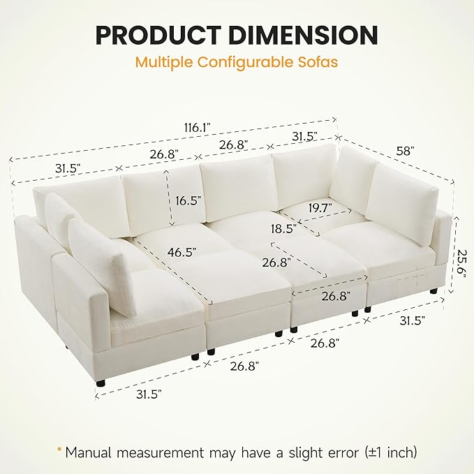 116'' Modular Sectional Cloud Sofa Bed 8-Seater Convertible Sofa Couch with Ottoman Modern Deep Seat Sleeper Sofa for Living Room Chenille Beige