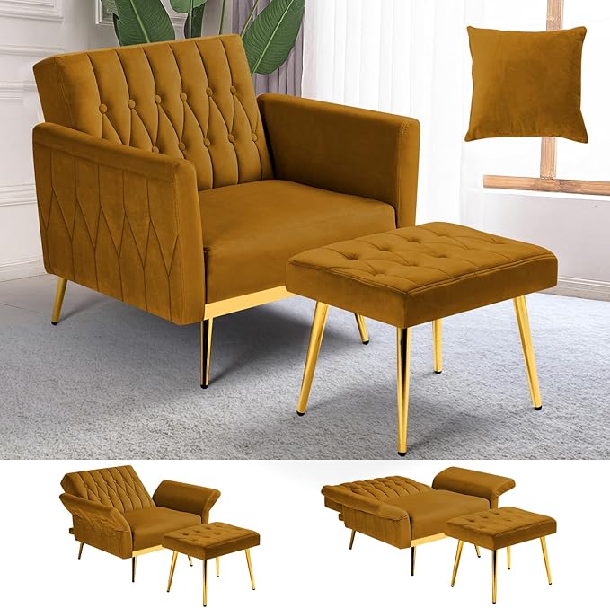 Velvet Accent Chair with Adjustable Armrests and Backrest Button Tufted Lounge Chair Single Recliner Armchair with Ottoman and Pillow for Living Room Bedroom Ginger