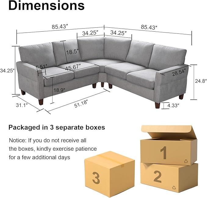 L Shaped Couch Small Sectional Sofa for Living Room L Couch with Pocket Springs Seat Cushion Linen Fabric Tapered Legs Comfy Corner Sofa for Small Space Apartment Office Light Grey