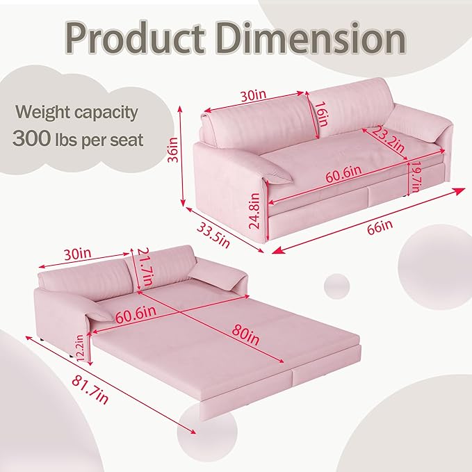 66 Queen Size Pull Out Sofa Bed 3-in-1 Convertible Sleeper with Side Storage and Wheels Velvet Loveseat for Living Room Apartment Bedroom Pink (Mattress &amp Bedding Not Included)