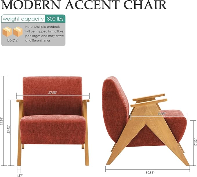 2 Pcs Home Accent Chair Mid Century Modern Accent Chair with Wood Frame Lounge Upholstered Armchair Reading Chair Sturdy BaseFor Living Room BedroomOfficeComfy Guest Waiting Room ChairsOrange