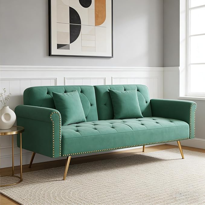 Stylish Velvet Sofa 70 Sofa Sleeper Convertible with Matching Pillows for Living RoomApartmentSmall Spaces (Green)