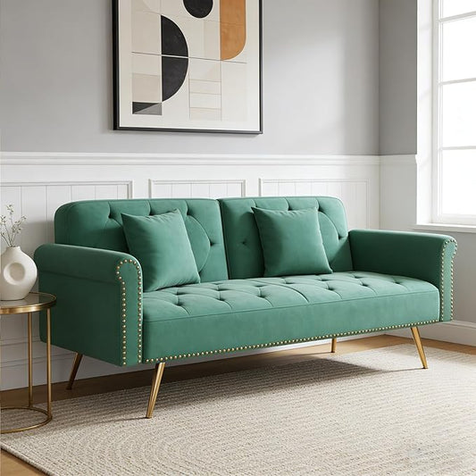 Stylish Velvet Sofa 70 Sofa Sleeper Convertible with Matching Pillows for Living RoomApartmentSmall Spaces (Green)