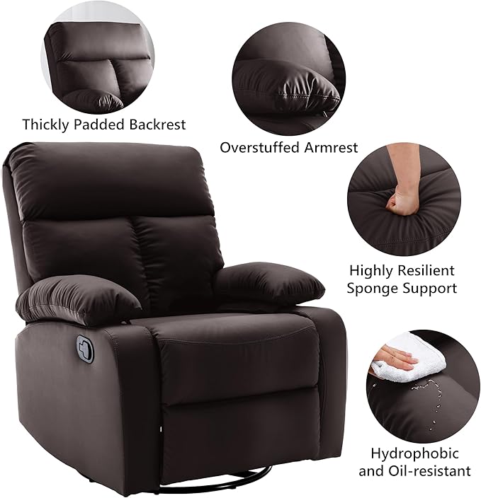 Swivel Rocker Recliner Chair Small Manual Reclining Chair with Overstuffed Arm and Back PU Leather Single Sofa Seat for Living Room Bedroom Dark Brown