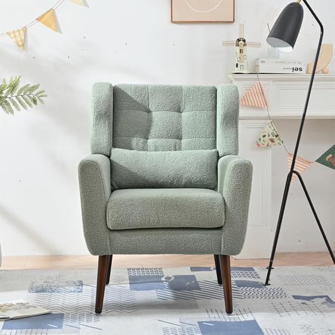 Modern Accent ChairChenille Arm Chairs for Living RoomUpholstered Mordern ArmchairComfy Soft Padded Lounge Chair in Small Space Bedroom w/Pillow Solid Wood Leg (Light Green +Teddy)