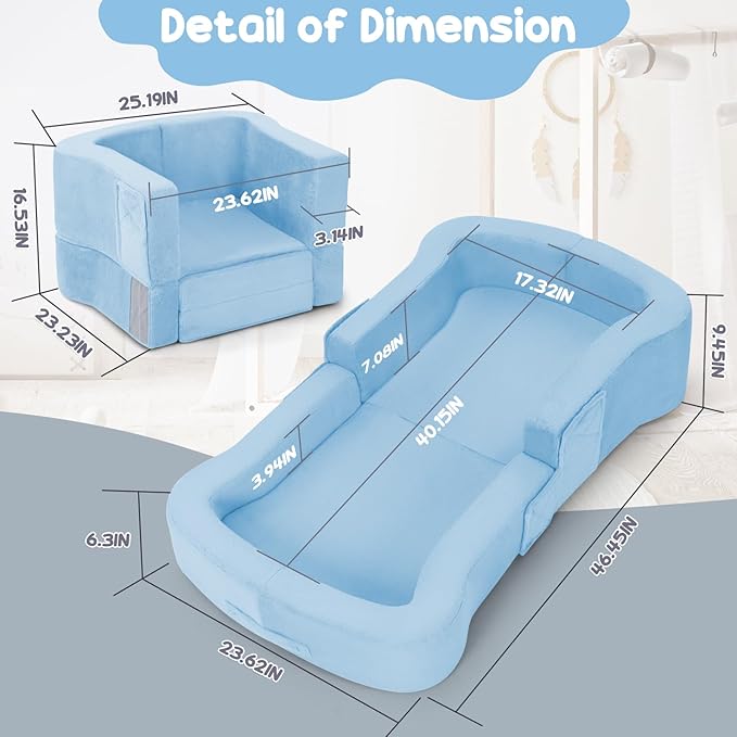 Toddler Travel Bed 2-in-1 Foldable Portable Toddler Bed Sofa Chair Soft Baby Kids Travel Floor Cot with Washable Covers Safety Foam Raised Bumper for Camping Hotel Sleeping (Blue)