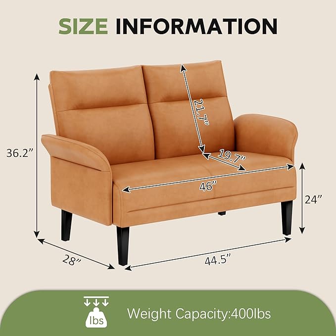 Love Seat Mini Couch Small Settee Loveseat Bench for Living Room Bedroom Office Faux Leather Loveseat Small Sofa Couches with Padded Cushion Brown