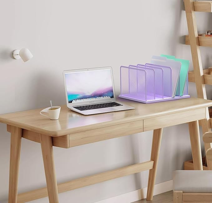 Kuntine.B Desk File Organizer Upright Mesh Desktop Organizer File Sorter Office Organization File Holder for Home Office &amp Classroom (Purple 1 Pack 5-Section)