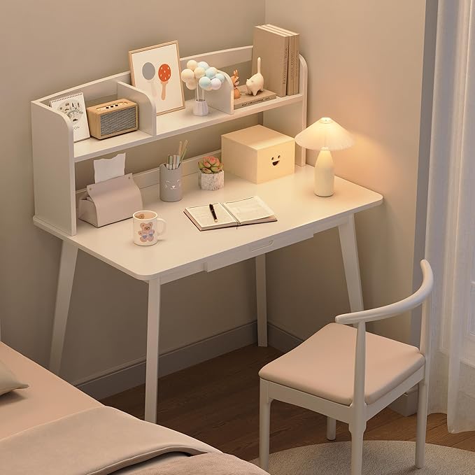 IOTXY Small Writing Desk with Hutch - 39.4 Work Computer Study Table with Drawer for Home and Office White