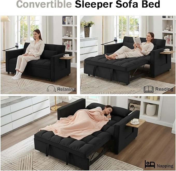 3 in 1 Convertible Sleeper Sofa Bed Pull Out Couch Bed with USB Ports Foldable Tables &amp Phone Stand Adjustable Backrest Velvet Loveseat Futon Couch for Living Room Bedroom Samll Space Black