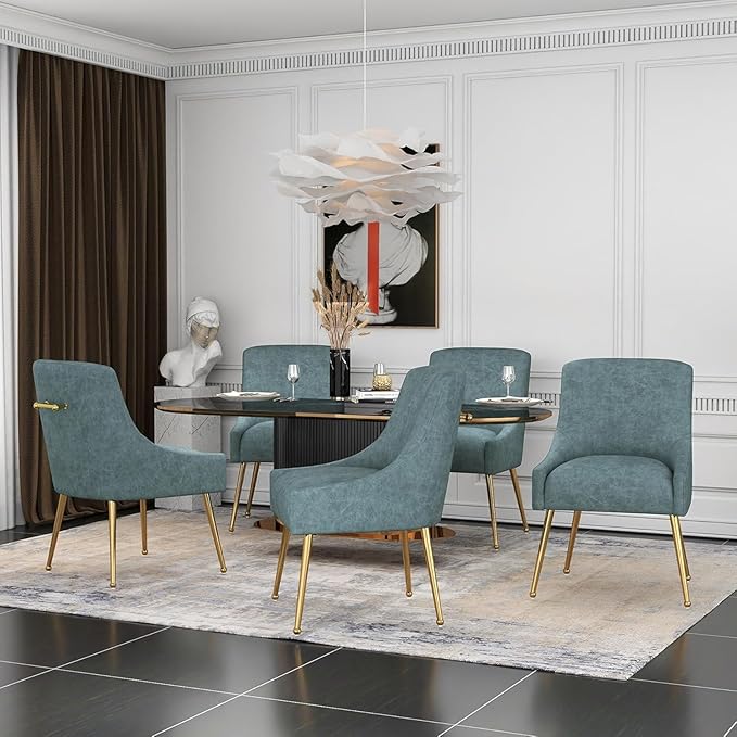 Dining Room Chair Faux Leather Vanity Chairs Set of 2 Mid-Century with Metal Legs Upholstered PU Leather Luxury Accent Chairs Living Room Restaurant(Navy)