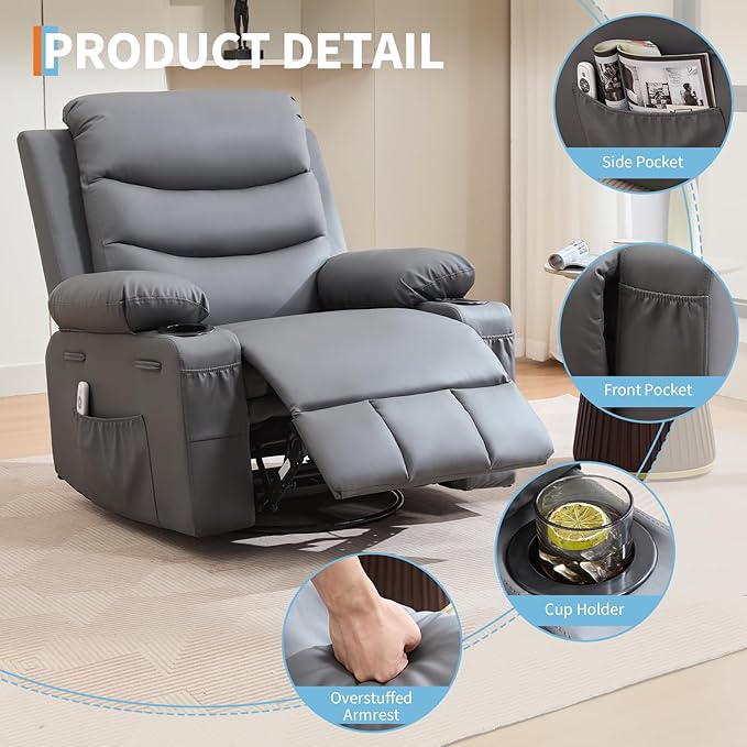 IDEALHOUSE Rocker Recliner Chair with Massage and Heat Swivel Reclining Sofa with Cup Holder Side Pockets Front Pockets Rocking Chair for Living Room Bedroom Nursery (Grey PU Leather)