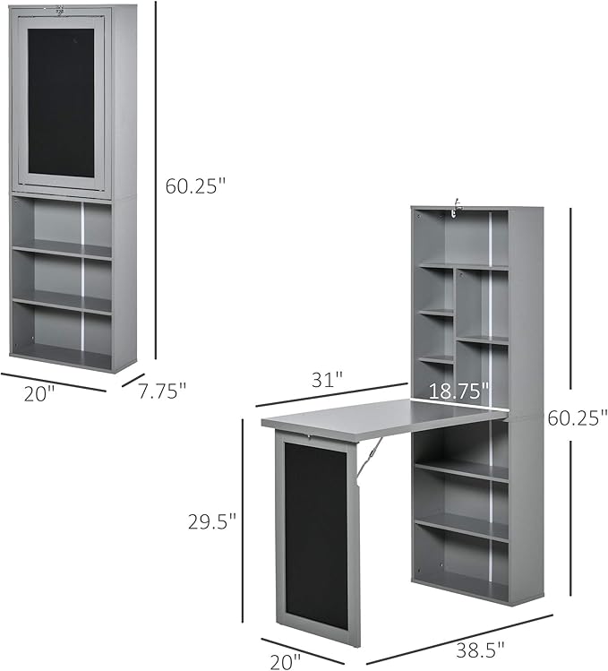Foldable Wall Mount Desk Cabinet with Writing Blackboard and Storage Shelf - Grey - Compact Home Office Workstation