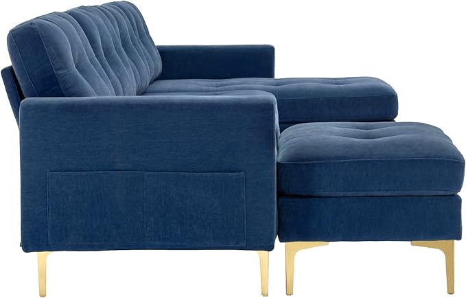 Merax Velvet L-Shape Sofa 4 Seat with Chaise and Movable Ottoman 110.6 Sofa Couch for Living Room Apartment Office (Blue)