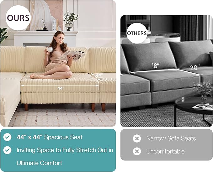 Jocisland Modular Sectional Sofa with 44 Extra Deep SeatOversized 6-Seater Modular Sofa for Plus-Size &amp Big Families Sectional Couch for Living Room Easy Assembly Grey Corduroy