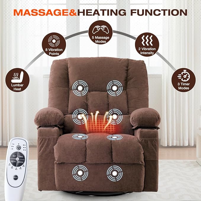 Swivel Recliner Chair for AdultsRocker Recliner with Vibration Massage and Lumbar HeatErgonomic Rocking Chair with Side Pocket2 Cup Holders for Living Room