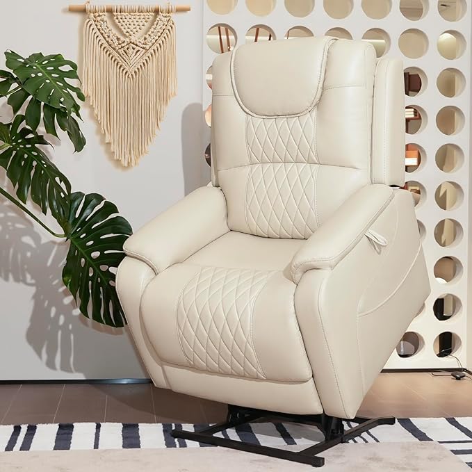 EONIX Triple Motor Lay Flat Power Lift Recliner Chair for Elderly with Massage 400lbs Electirc Lift Chair for Living Room Independent Adjustable Backrest Headrest Extended Footrest Cream White