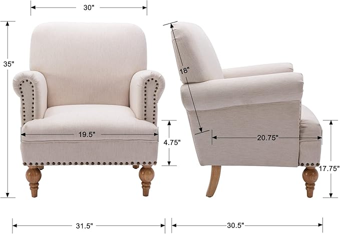 Beige Linen Fabric Accent Chairs Set of 2 Modern Farmhouse Upholstered Armchairs with Nailhead Trim &amp Ball Turned Legs French Country Club Chairs for Living Room Bedroom Guest Room