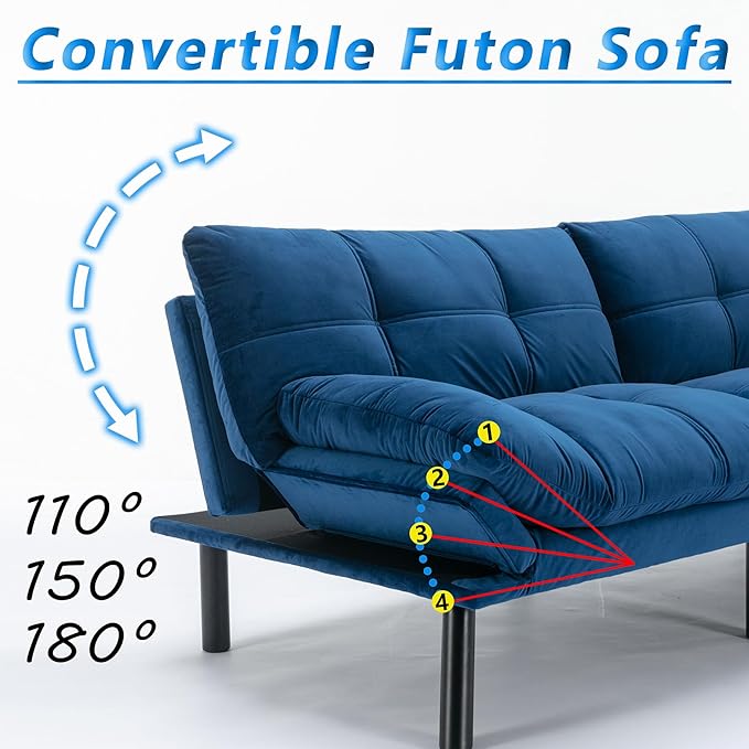 71 Velvet Futon Couch Bed with Mattress IncludedConvertible Folding Sleeper Sofa Bed with Adjustable BackrestsModern Loveseat Sleeper for Living Room Bedroom Small Space Home Office (Blue)