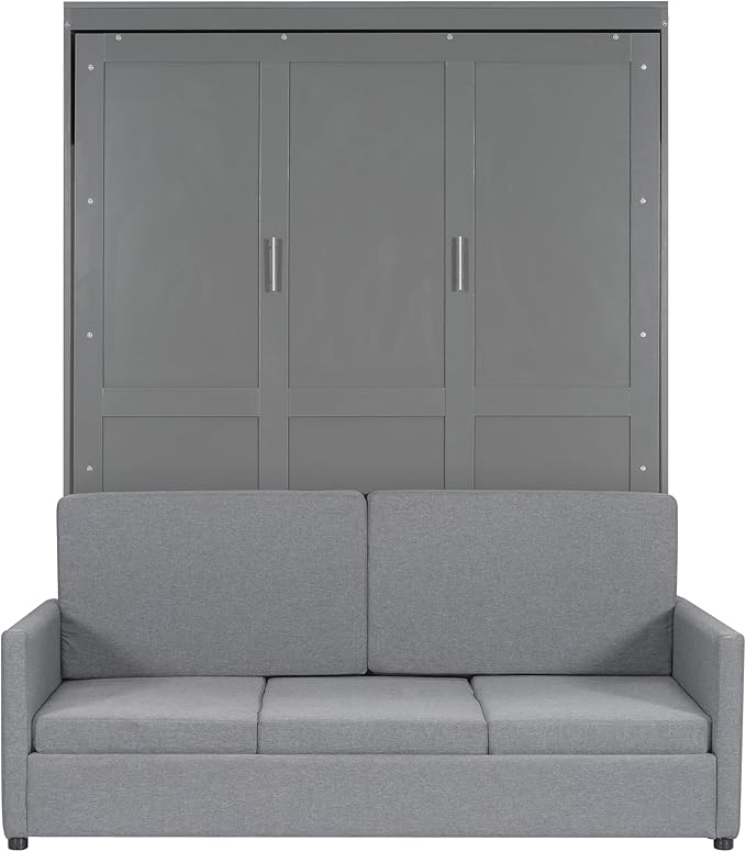 Linique Queen Size Murphy Bed with Sofa and Top Shelf Horizontal Wall Bed Versatile Convertible Wooden Bed Frame Grey 87x66.8