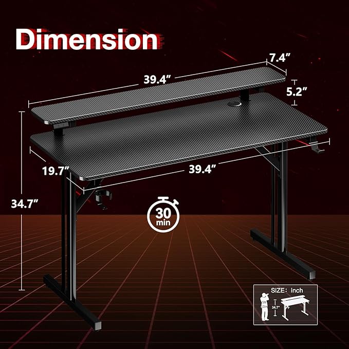 MOTPK 39 Inch Small Gaming Desk with LED Lights Computer Desk Gaming Table with Monitor Shelf Gamer Desk with Carbon Fiber Texture Kids Boys Desk Gift for Men
