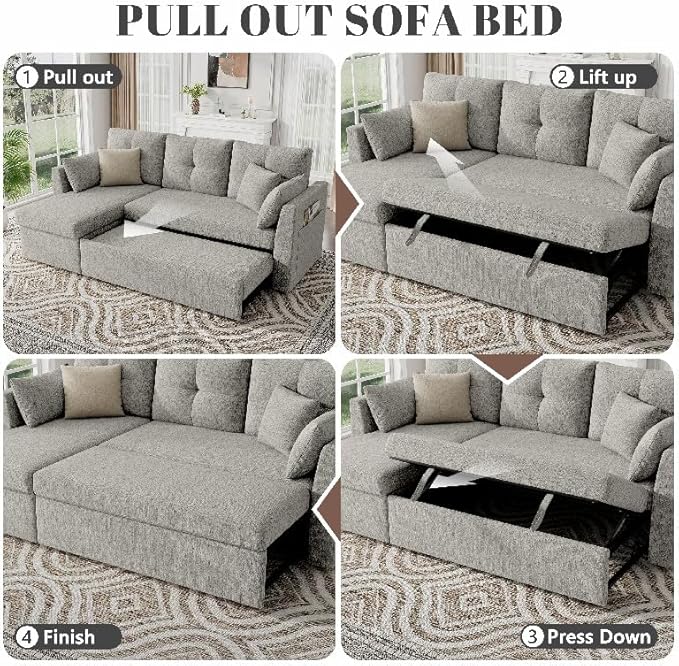 Sleeper Sofa Couch 2 in 1 Sectional Sleeper Couch Bed with Side Pocket Pullout Sofa Bed with Storage Chaise for Living Room Light Grey
