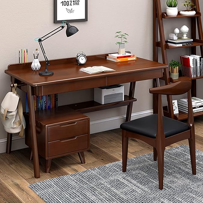 Solid Wood Writing Desk 47 Mid-Century Modern Walnut Desk Home Office Computer Desk with 2 Drawers and Storage Shelf Laptop Desk Study Table Work Desk Station