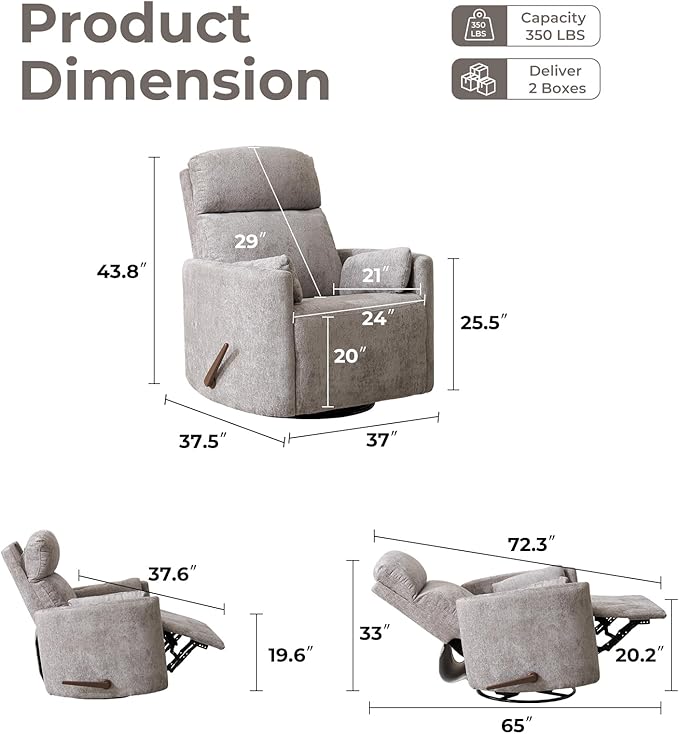 Oversized Swivel Rocker Recliner with Massage and Heat Rocker Nursery Recliner for Adults with Adjustable Headrest 26 Extra Wide Nursery Chair with 2 Pillows Light Grey