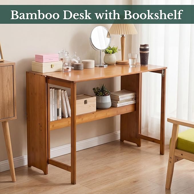41'' Bamboo Folding Desk with Bookshelf Space-Saving Computer Desk Mid Century Modern Foldable Study Table for Home Office Bedroom Small Spaces - Brown