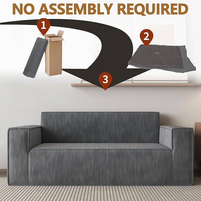 70 Grey Boneless Couches for Living Room Compressed Sofa Couch in a Box Corduroy Memory Foam Floor Couch for Adults Memory Foam Deep Seat No Assembly Required (Grey)