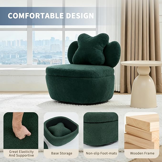 Teddy Velvet Swivel Accent Chair with Storage 360° Rotating Ergonomic Single Chair Scratch-Resistant Comfy Sofa for Living Room Bedroom Small Space Holds 300 LBS Green